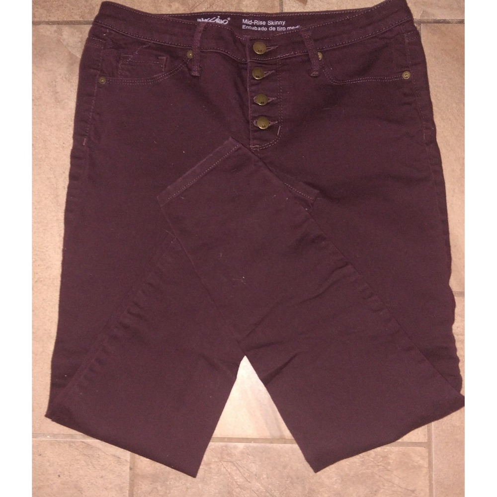 Mossimo Denim Burgundy Mid-Rise Skinny Jeans Button Fly Super Stretch 6/28R